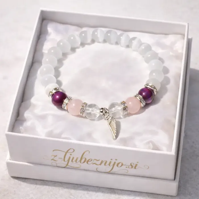 Zapestnica Angelov objem (selenit, gorski kristal, tigrovo viola oko, roževec) 6617