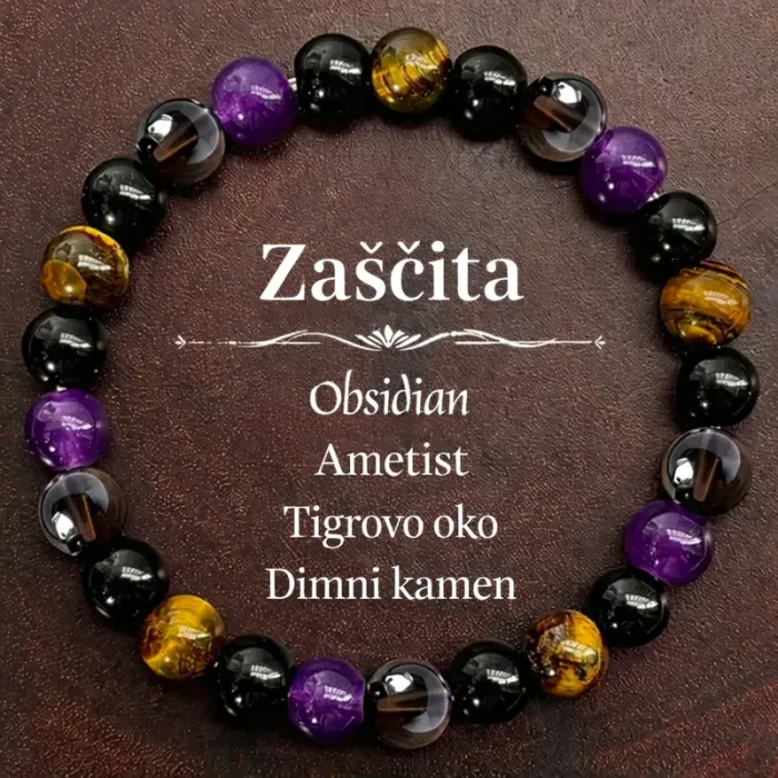 Zapestnica Zaščite – Moč štirih elementov - ametist, tigrovo oko, obsidian, dimni kristal 6567