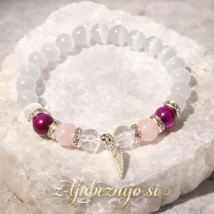 Zapestnica Angelov objem (selenit, gorski kristal, tigrovo viola oko, roževec) 6613